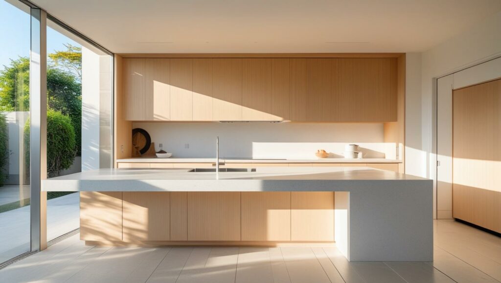 Open plan kitchen with japandi style with white stone tables on cabinets